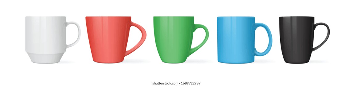 colorful mugs of different shapes isolated on a white background vector mock up 