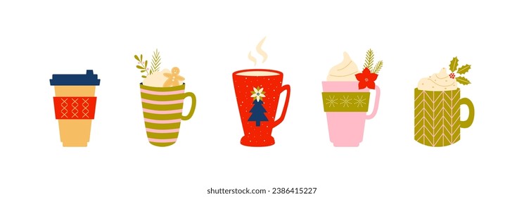Colorful mugs with drinks. Cozy season. Christmas and New year.