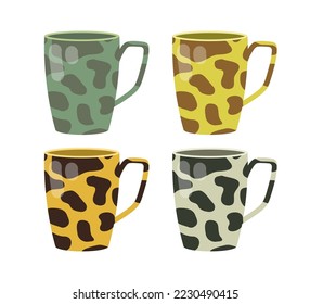 Colorful mugs with leopard pattern vector illustrations set. Collection of cartoon drawings of cups with spotty ornament isolated on white background. Teatime, kitchenware concept
