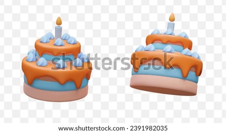 Colorful multi tiered cake with topping and cream decorations. Festive dessert with candle. Sweet dish for party. Menu for birthday, wedding, anniversary. Isolated vector set