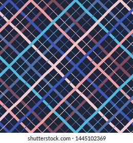 Colorful, multicolor geometrical dark blue background, regular texture. Crossing doodle streaks. Plaid, check, trellis, square seamless pattern made of hand drawn diagonal stripes of different width.