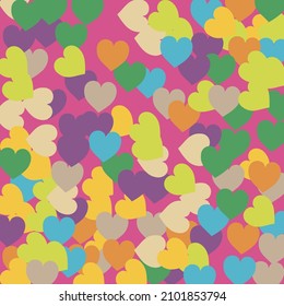 Colorful Multicolor Rainbow Modern Art Pattern. Beige Modern Yellow Saint Valentine Modern Design. Blue Violet Romantic Wedding Art Background. Pink Green Hearts Love Confetti Vector Style.