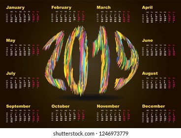 Colorful multicolored abstract wall calendar for 2019 in English. Set of 12 months. The week starts on Monday. Vector illustration