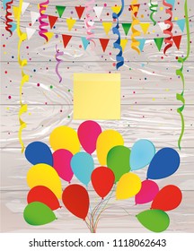 Colorful multicolored confetti and garland of flags and balloons. Holiday birthday. Empty yellow sheet of paper for notes. Sticker. Vector on wooden background. Greeting card or invitation.