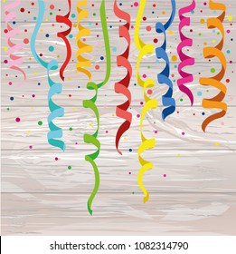 Colorful multicolored confetti. Holiday birthday. Vector on wooden background. Greeting card or invitation.