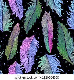 Colorful multicolored feathers on black background seamless pattern, hand drawn art, boho style, vector background.