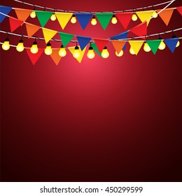 Colorful multicolored flags, Bunting, Garlands, celebration and Festoon lighting celebration on red background