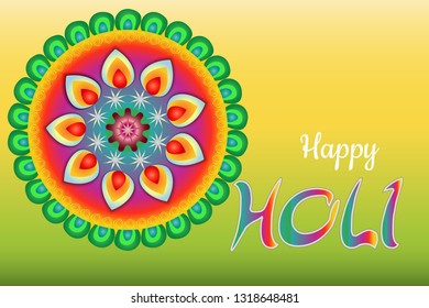 colorful multicolored mandala greeting card with the signature happy holiday holi on bright background