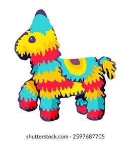 A colorful, multi-colored, and patterned stuffed animal, possibly a poncho, is standing on a white background