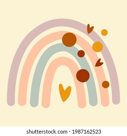 Colorful multicolored rainbow. Boho decorative lines, arcs, circles, hearts on a delicate creamy beige background. The rainbow makes me smile. Vector illustration for children's parties, etc.