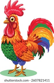 Colorful multicolored rooster in cartoon style beautiful cute rooster illustration for kids Vector