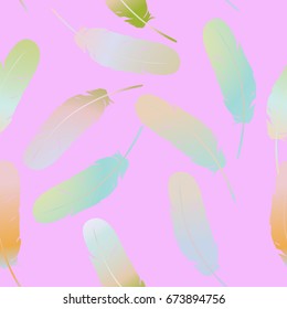 Colorful multicolored seamless feather background. Exotic bird feathers fall. Abstract dynamic composition. Vector illustration