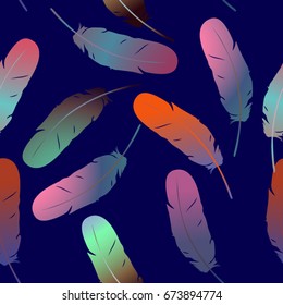 Colorful multicolored seamless feather background. Exotic bird feathers fall. Abstract dynamic composition. Vector illustration