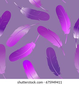 Colorful multicolored seamless feather background. Exotic bird feathers fall. Abstract dynamic composition. Vector illustration