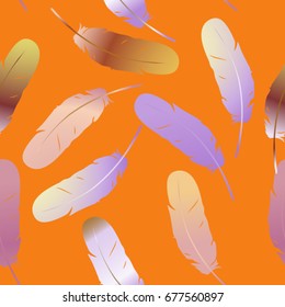 Colorful multicolored seamless feather background. Exotic bird feathers fall. Abstract dynamic composition. Vector illustration