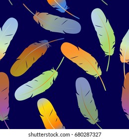 Colorful multicolored seamless feather background. Exotic bird feathers fall. Abstract dynamic composition. Vector illustration