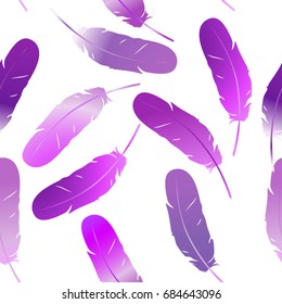 Colorful multicolored seamless feather background. Exotic bird feathers fall. Abstract dynamic composition. Vector illustration