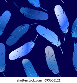 Colorful multicolored seamless feather background. Exotic bird feathers fall. Abstract dynamic composition. Vector illustration