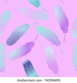 Colorful multicolored seamless feather background. Exotic bird feathers fall. Abstract dynamic composition. Vector illustration