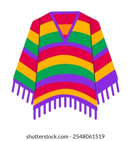 A colorful, multicolored, striped poncho with fringes. The poncho is bright and cheerful, and it looks like it would be perfect for a festive occasion