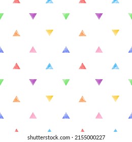 Colorful, Multicolored Watercolor Triangles Seamless Repeat Regular Pattern. Tiny Textured Triangle Geometric Shapes With Watercolour Stains. Geometrical Rainbow Colors Vector Hand Drawn Background.