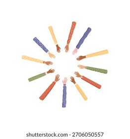 Coloridas manos multiculturales en un estilo plano forman un círculo simbólico. Personas de diversos orígenes se unen como equipo, transmitiendo temas de solidaridad, unidad y Asistencia mutua.