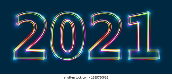 Colorful multi-layered outline of 2021 with glowing light effect on a blue background. Vector illustration.