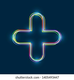 Colorful multi-layered outline of a plus sign with glowing light effect on blue background