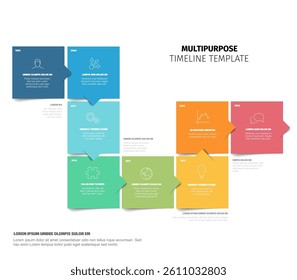 Colorful Multipurpose Timeline Template made from color square content blocks. Simple eight steps time line infogrchart template made from color blocks and sample content