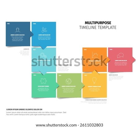 Colorful Multipurpose Timeline Template made from color square content blocks. Simple eight steps time line infogrchart template made from color blocks and sample content