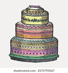 Colorful, multi-tiered cake illustration with intricate patterns. Vibrant cake design, showcasing layers and decorations. Artistic cake drawing with vivid colors. Vintage style vector element.