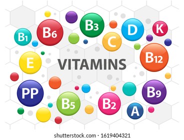 Colorful multivitamin complex for health. Vitamin A, B1, B2, B3, B5, B6, B9, B12, C, D, E, K, PP. Vector illustration