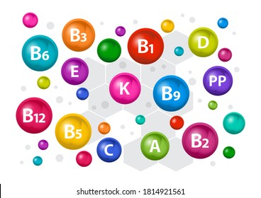 Colorful multivitamin complex for health. Vitamin A, B1, B2, B3, B5, B6, B9, B12, C, D, E, K, PP. Vector illustration