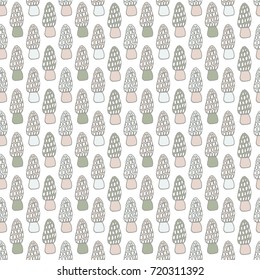 Colorful mushroom hand drawn vector seamlees pattern. Isolated Sketch organic food drawing background. Champignon, morel, enokitake, porcini, oyster, honey agaric, chanterelle, fungi, russula.