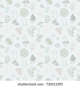 Colorful mushroom hand drawn vector seamless pattern. Isolated Sketch organic food drawing background. Champignon, morel, enokitake, porcini, oyster, honey agaric, chanterelle, fungi, russula.