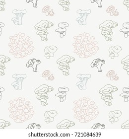 Colorful mushroom hand drawn vector seamless pattern. Isolated Sketch organic food drawing background. Champignon, morel, enokitake, porcini, oyster, honey agaric, chanterelle, fungi, russula.