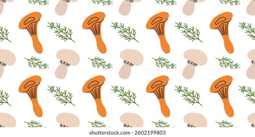 Colorful mushroom and herb pattern on a white background creating a playful and natural design ideal for various home decor items