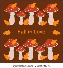 Colorful mushroom illustration with autumn leaves and a love theme