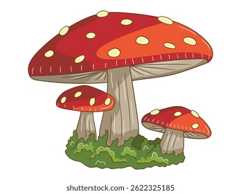 Colorful mushroom illustration featuring detailed caps and stems, ideal for botanical designs, nature-themed prints, fairy tale art, or educational materials.