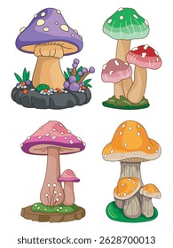 Colorful mushroom illustration featuring detailed caps and stems, ideal for botanical designs, nature-themed prints, fairy tale art, or educational materials.