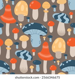 Colorful mushroom pattern featuring whimsical fungi, toadstools, and forest elements. Perfect for woodland themes, seasonal designs, or botanical decor.