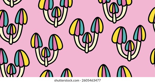 Colorful mushroom pattern on pink background