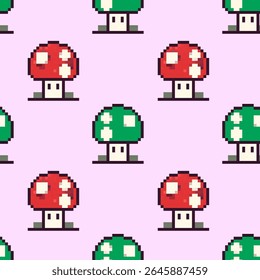 Colorful mushroom pattern on a soft pink background featuring vibrant red and green mushrooms in a playful design