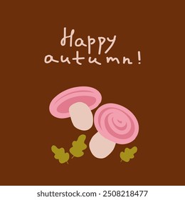 Colorful mushrooms with autumn leaves and a cheerful greeting for the fall season in a warm, textured background
