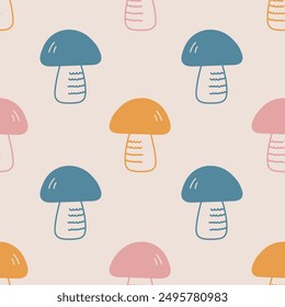 Colorful Mushrooms Cute Childish Seamless Pattern. Pastel colored endless background with edible boletus. Gentle playful repeat vector illustration