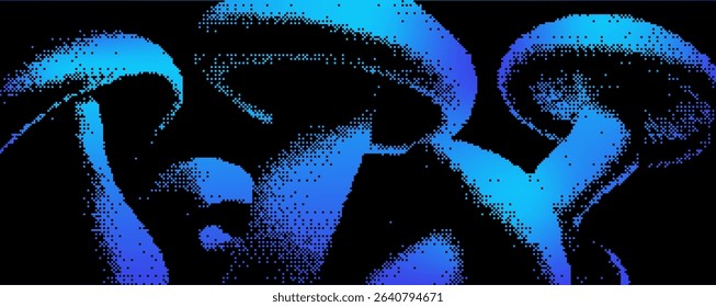 Colorful mushrooms emerge against a dark background, illuminated in shades of blue.. Bitmap pixel bg