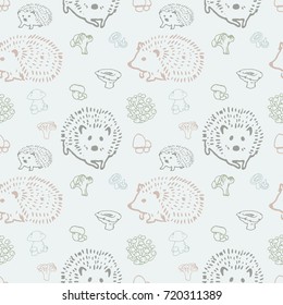 Colorful mushrooms and hedgehog hand drawn vector seamless pattern. Isolated Sketch organic food drawing background. Hedgehog, champignon, enokitake, porcini, oyster, honey agaric, fungi, russula.