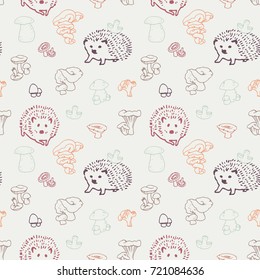 Colorful mushrooms and hedgehog hand drawn vector seamless pattern. Isolated Sketch organic food drawing background. Hedgehog, champignon, enokitake, porcini, oyster, honey agaric, fungi, russula.