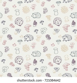 Colorful mushrooms and hedgehog hand drawn vector seamless pattern. Isolated Sketch organic food drawing background. Hedgehog, champignon, enokitake, porcini, oyster, honey agaric, fungi, russula.