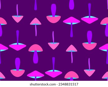 Colorful mushrooms seamless pattern. Mushroom on a long stalk in the style of the 80s. Hallucinogens and psychedelic mushrooms. Design for posters, banners and wallpapers. Vector illustration